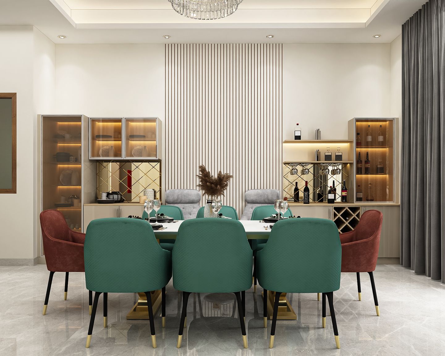 Spacious Dining Hall Design With A Bevelled Mirror | Livspace