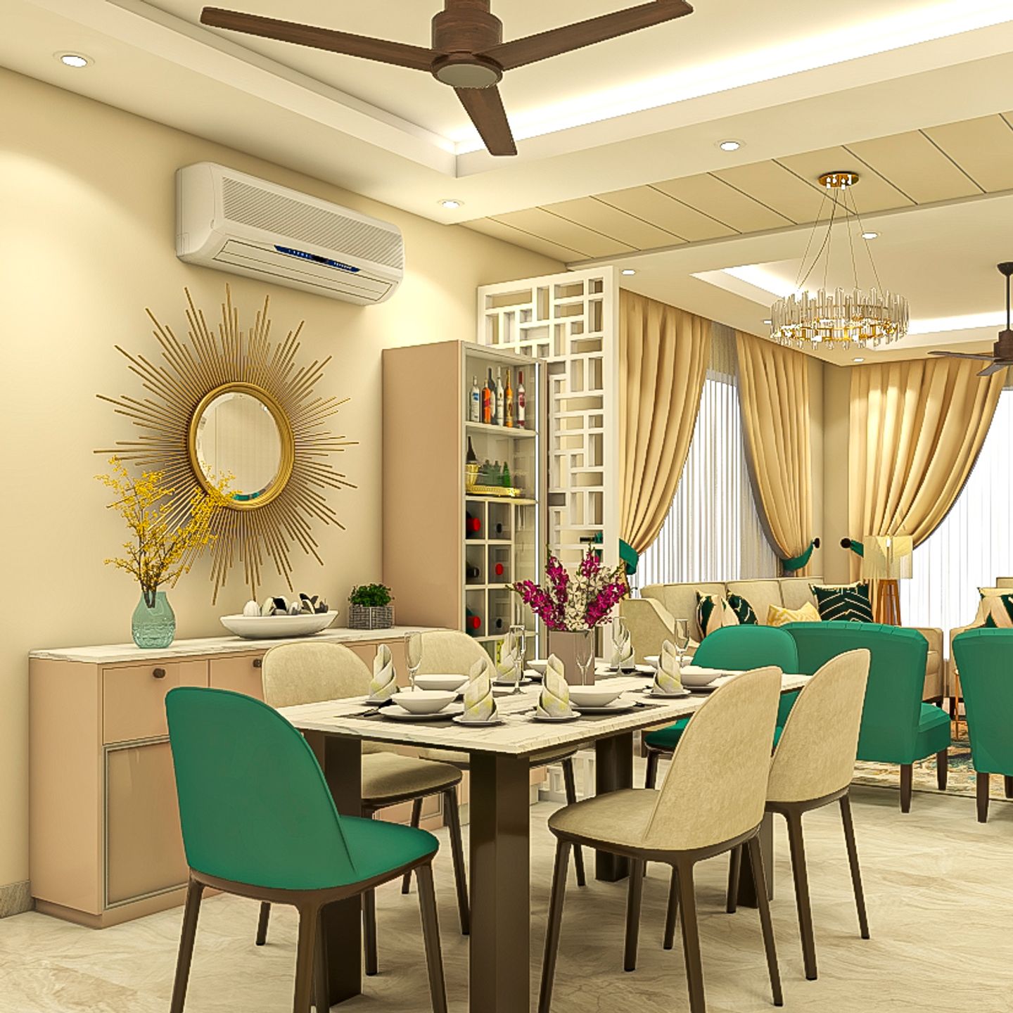 Spacious 6Seater Dining Room With A Crystal Chandelier Livspace