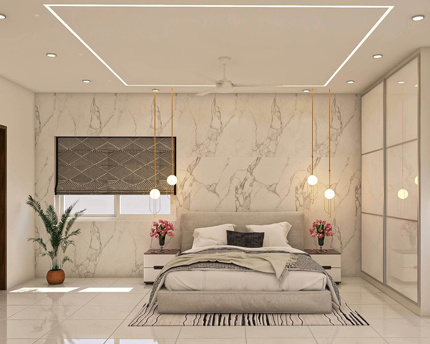 Gypsum Single-Layered Bedroom False Ceiling Design With Recessed Lights - Livspace