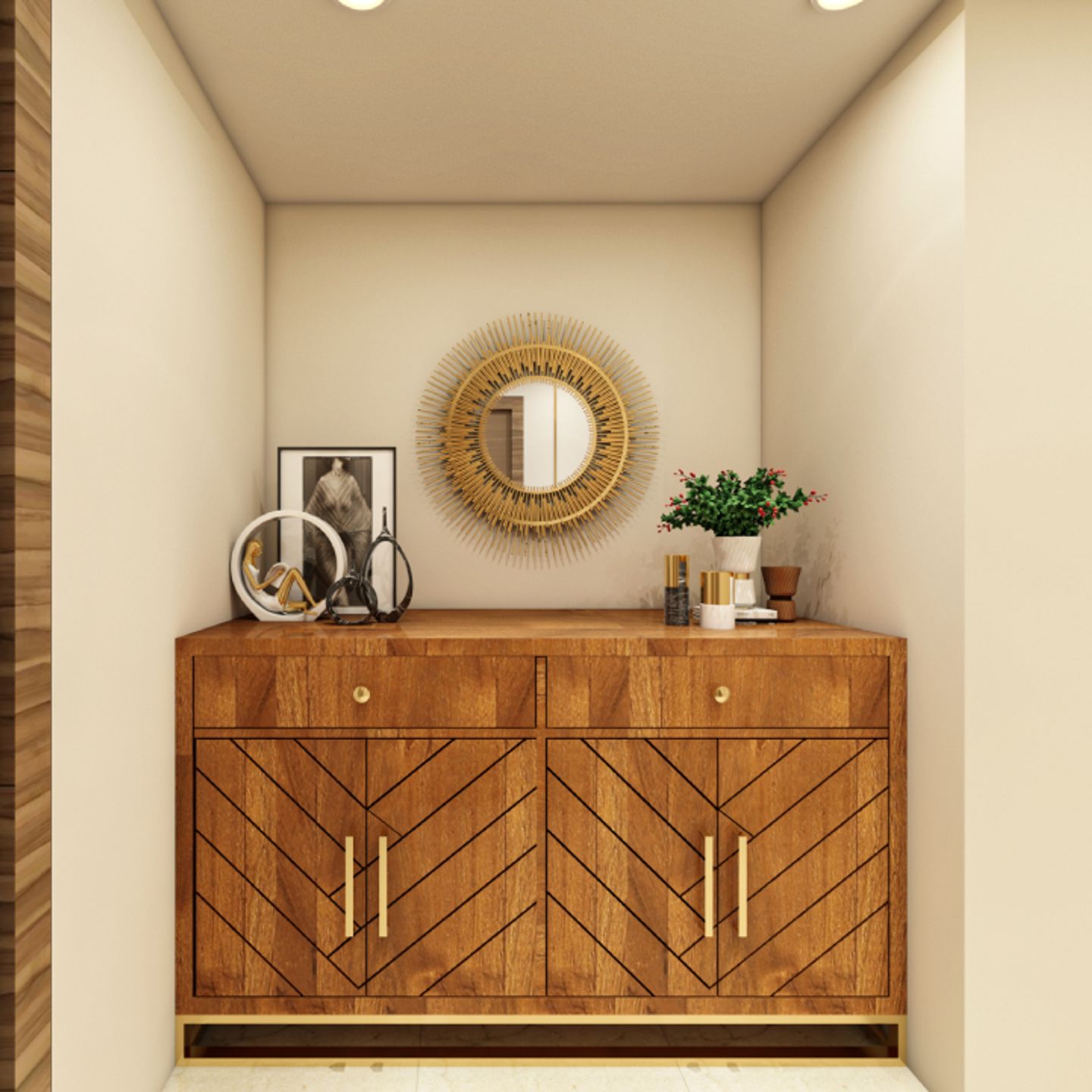 5X5 Ft Foyer Design With Wooden Finish Storage Unit - Livspace