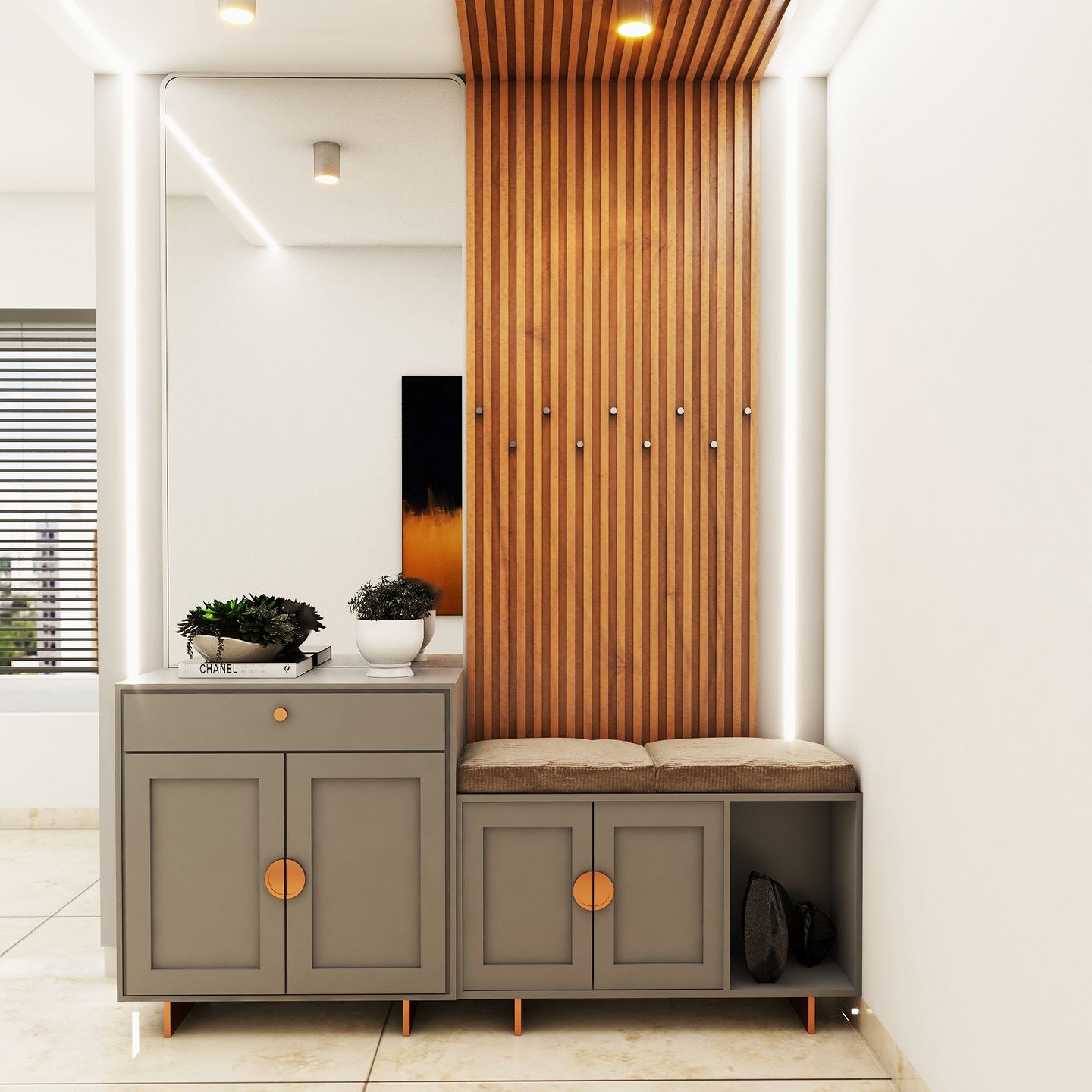 Foyer Design With Fluted Panels - Livspace