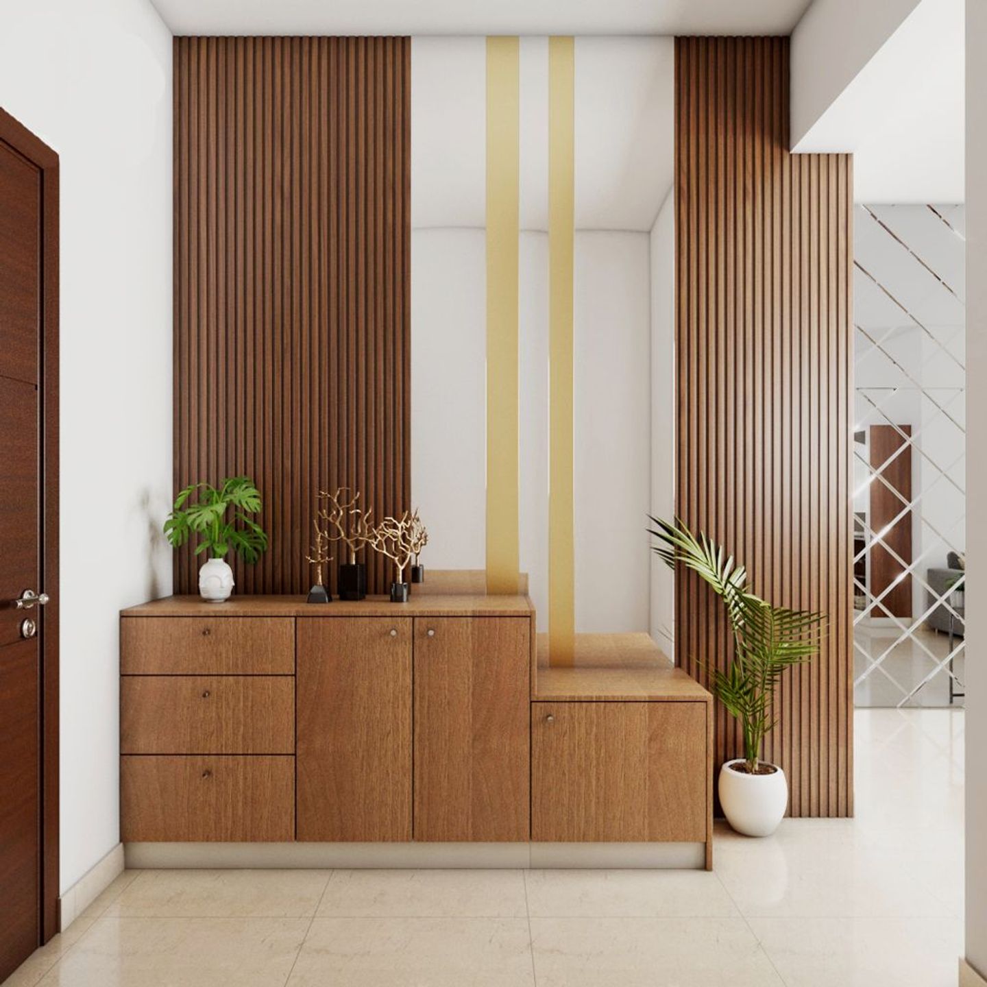 Brown Foyer Design With Storage - Livspace