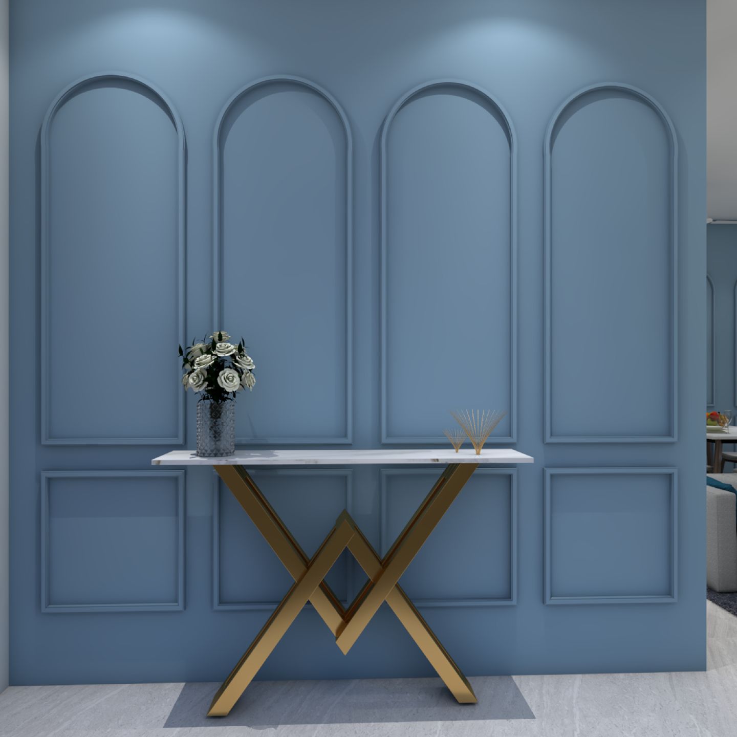 Compact Foyer Area Design With Blue Accent Wall Featuring Arch-Shaped Trims - Livspace