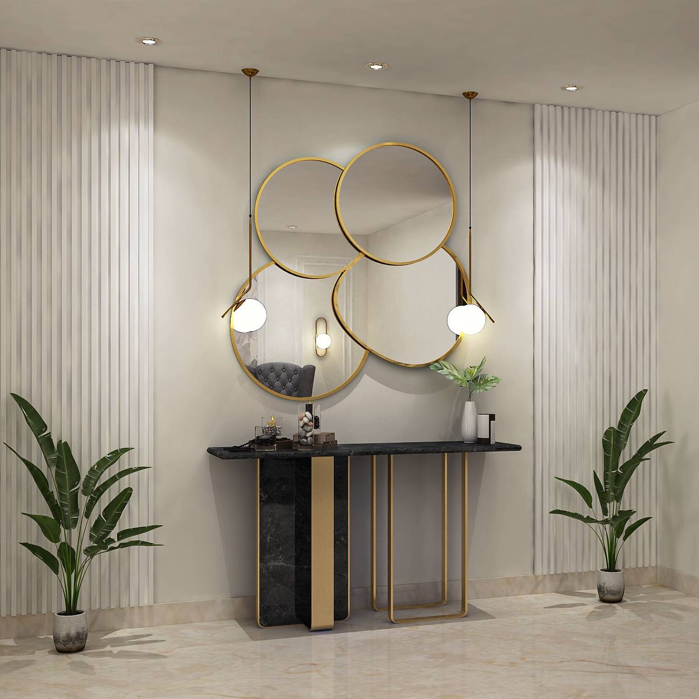 Spacious Foyer Design with Round Mirrors - Livspace