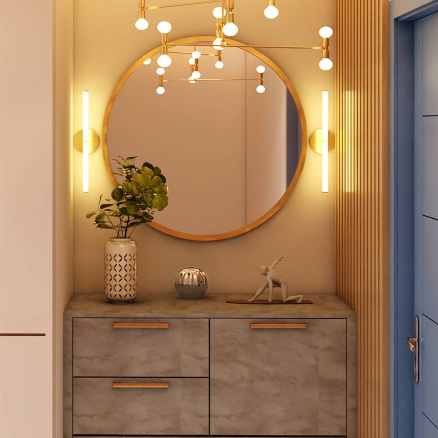 Compact Foyer With Round Mirror, Warm Lights, And Closed Storage - Livspace
