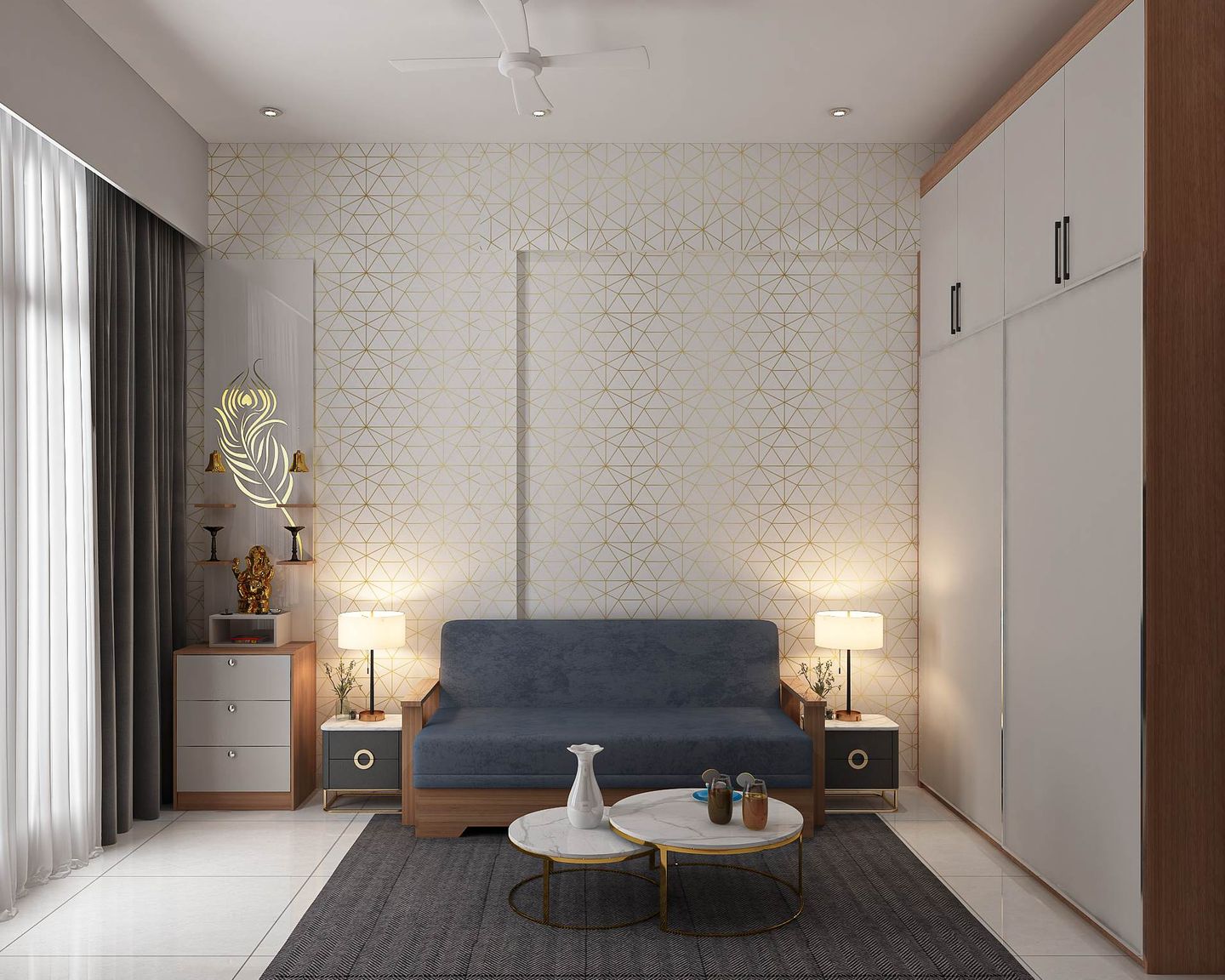 Guest Bedroom Design With Dark Blue Upholsterd Sofa - Livspace