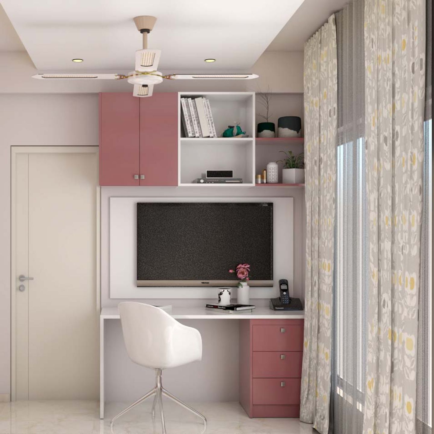 Study Room Design In White And Pink - Livspace