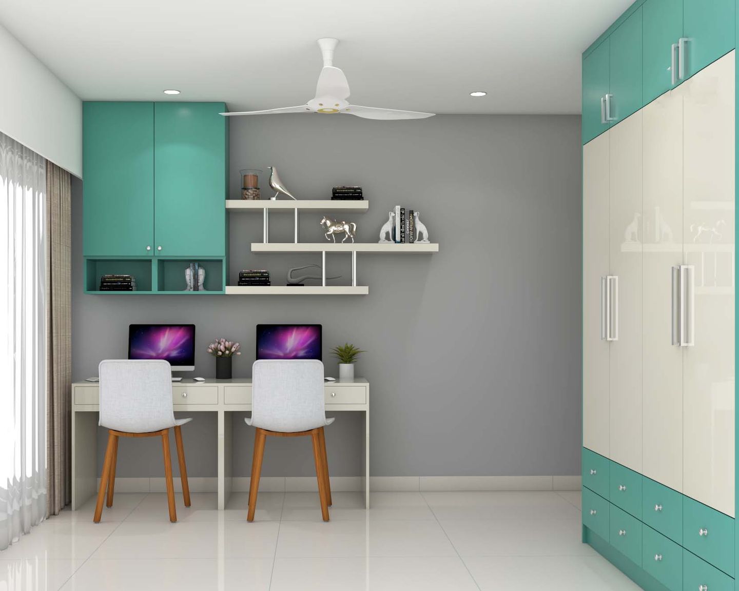 Contemporary Study Room Design In Aqua Green And Frosty White - Livspace