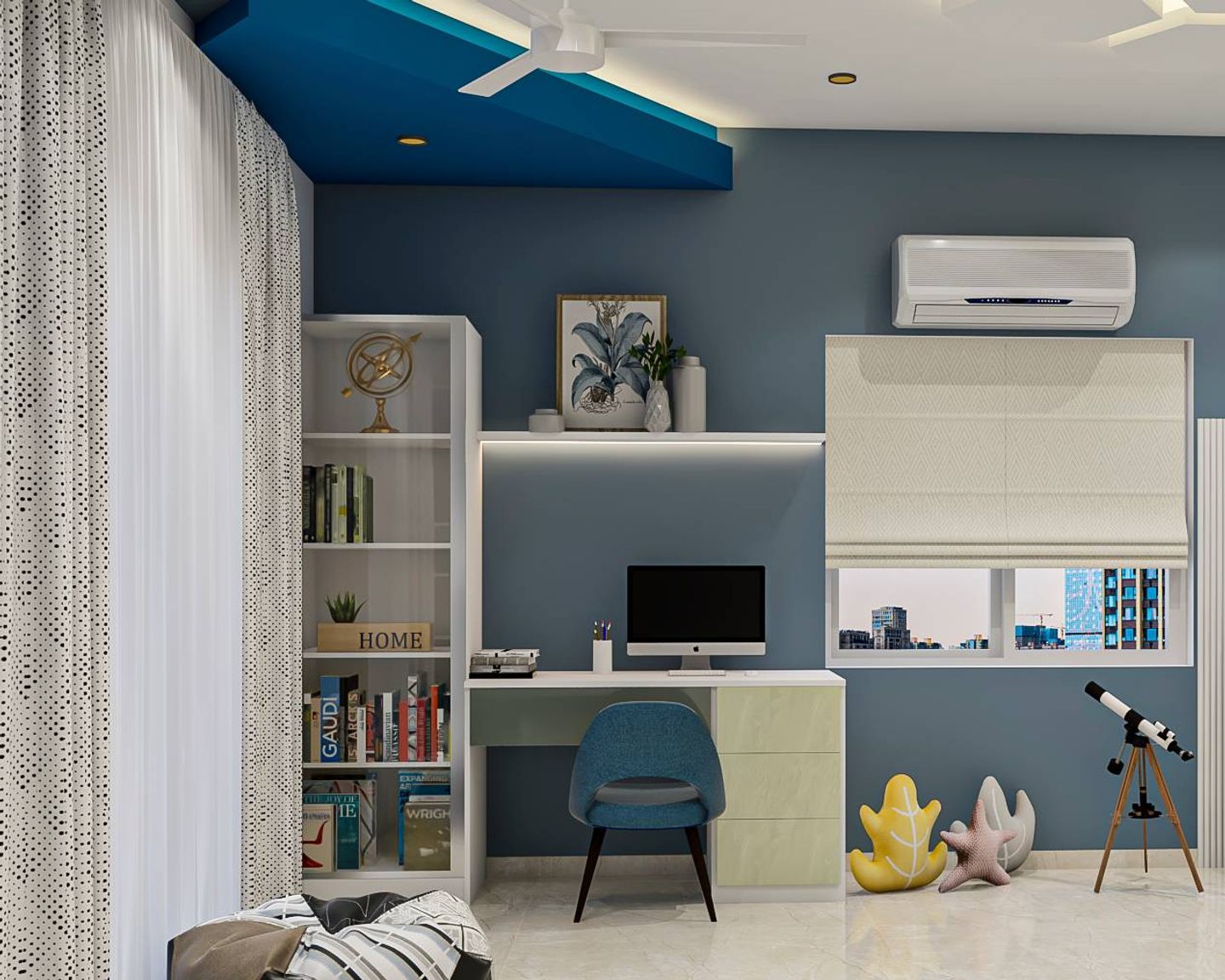 Spacious Study Room Design With Blue Accent Wall | Livspace