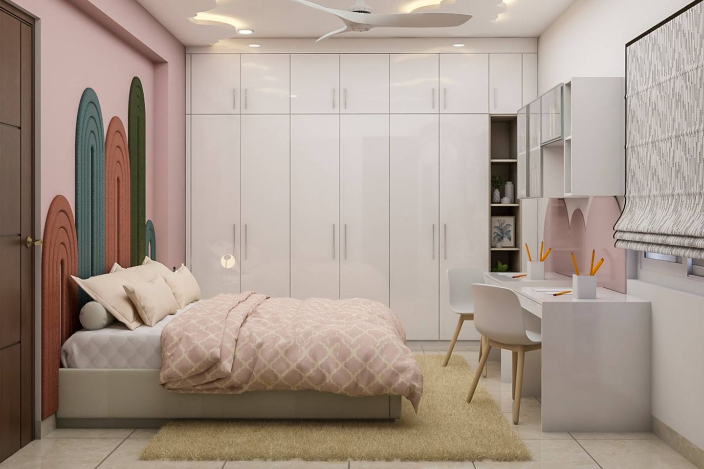 Art Deco Pink And White Kids Room Design For Girls With Cloud POP Ceiling
