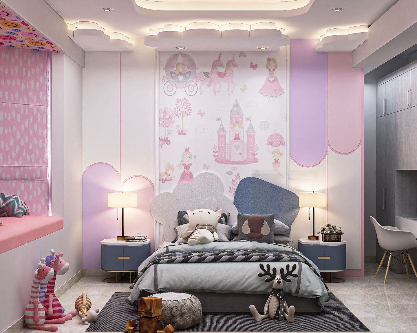 Spacious Kid's Room Design For Girls With Castle Theme Wall Paper And ...