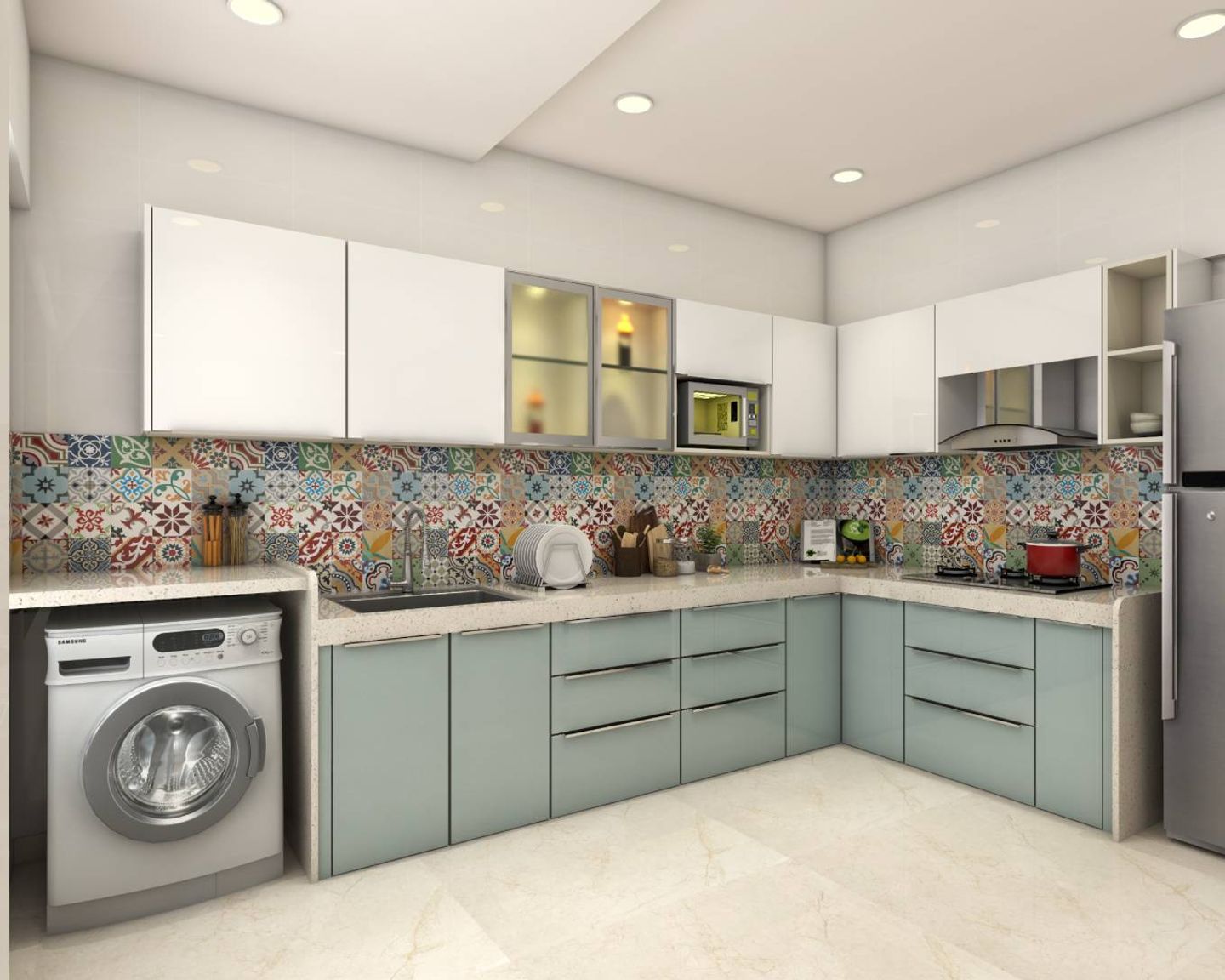 L-Shaped KitchenWith Blue And White Storage Units And Colourful Backsplash Tiles - Livspace