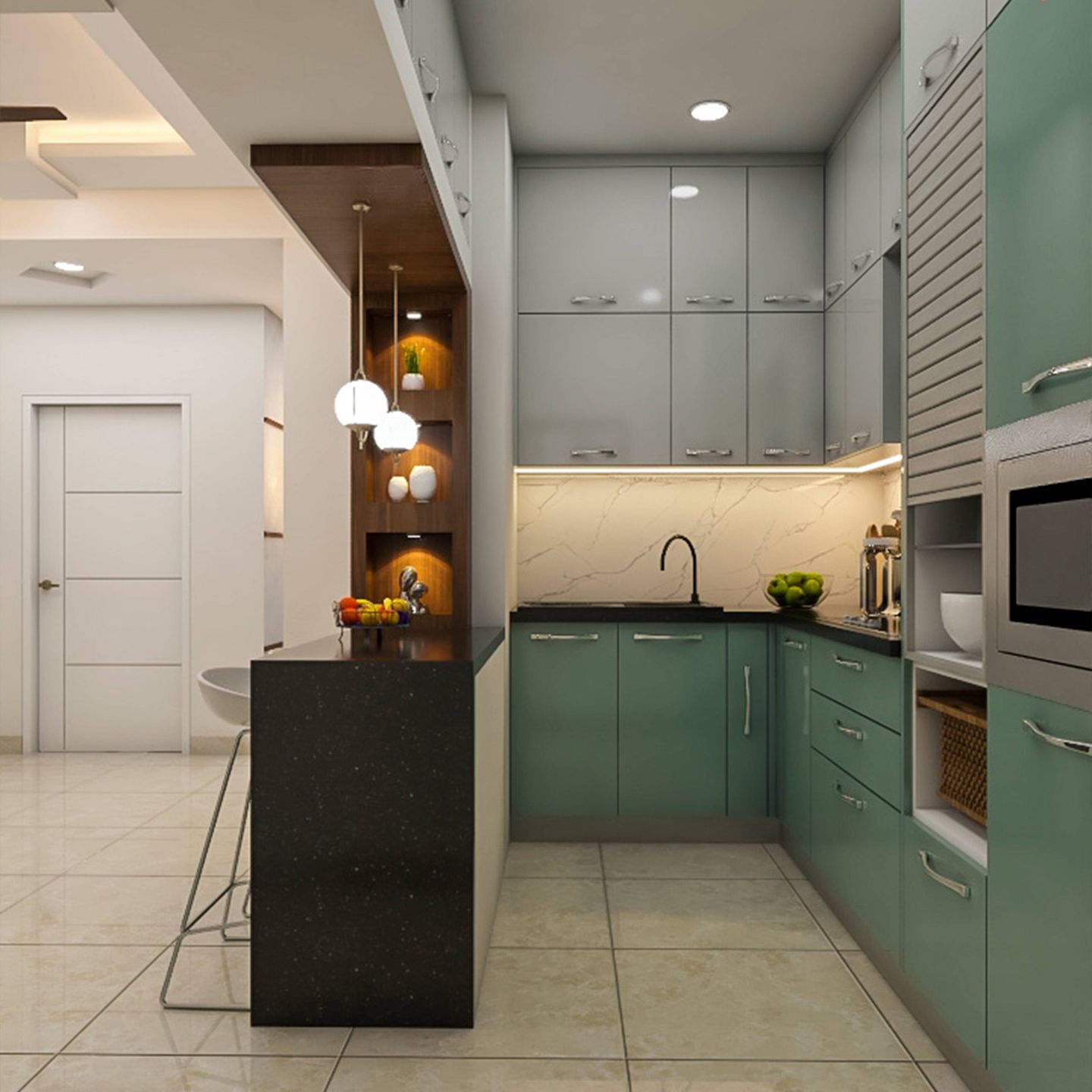 Modern L-Shaped Kitchen Design With Green And Grey Storage Units