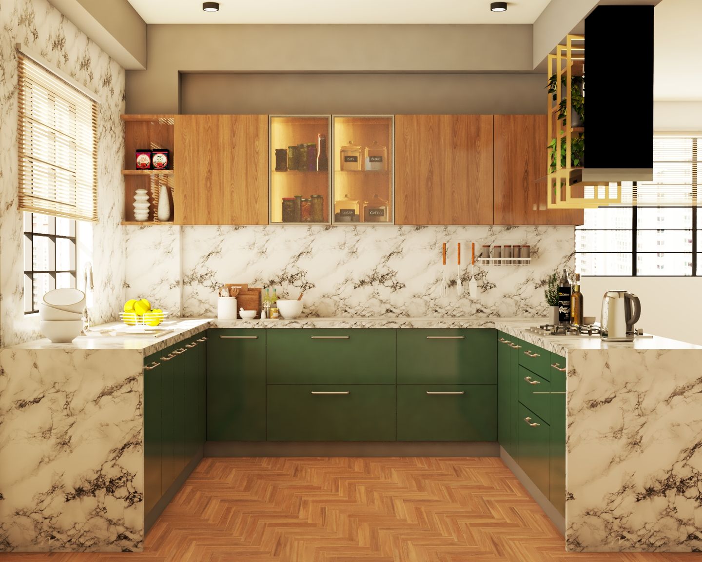 U-Shaped Kitchen With Emerald Green Cabinets - Livspace