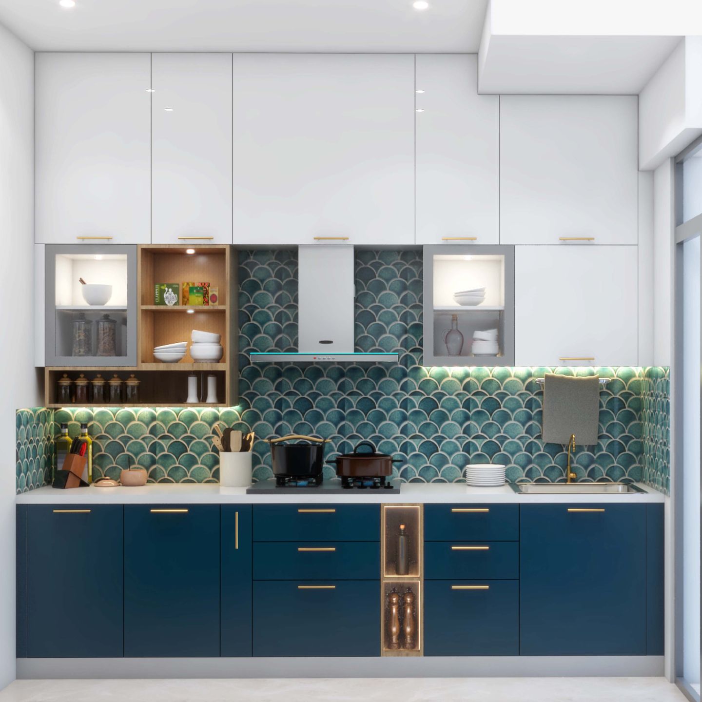 Parallel Kitchen With A Green Backsplash - Livspace