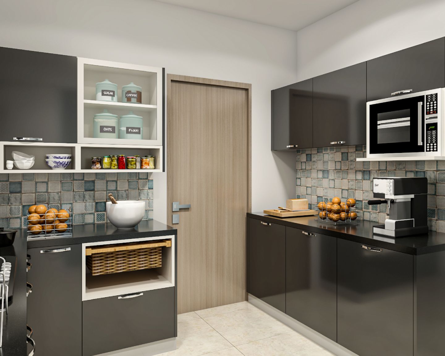 Modern L-Shaped Kitchen Design With Open And Closed Storage Options