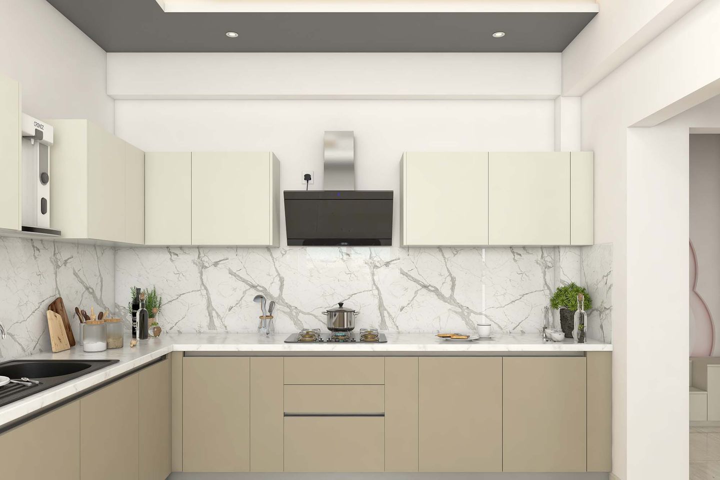 U-Shaped Beige And White Kitchen Design - Livspace