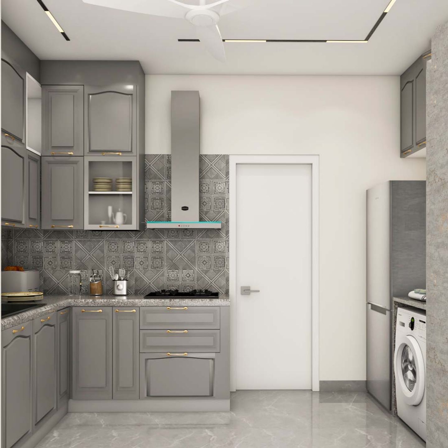 Contemporary L-Shaped Kitchen Cabinet Design In Chicago Concrete Grey