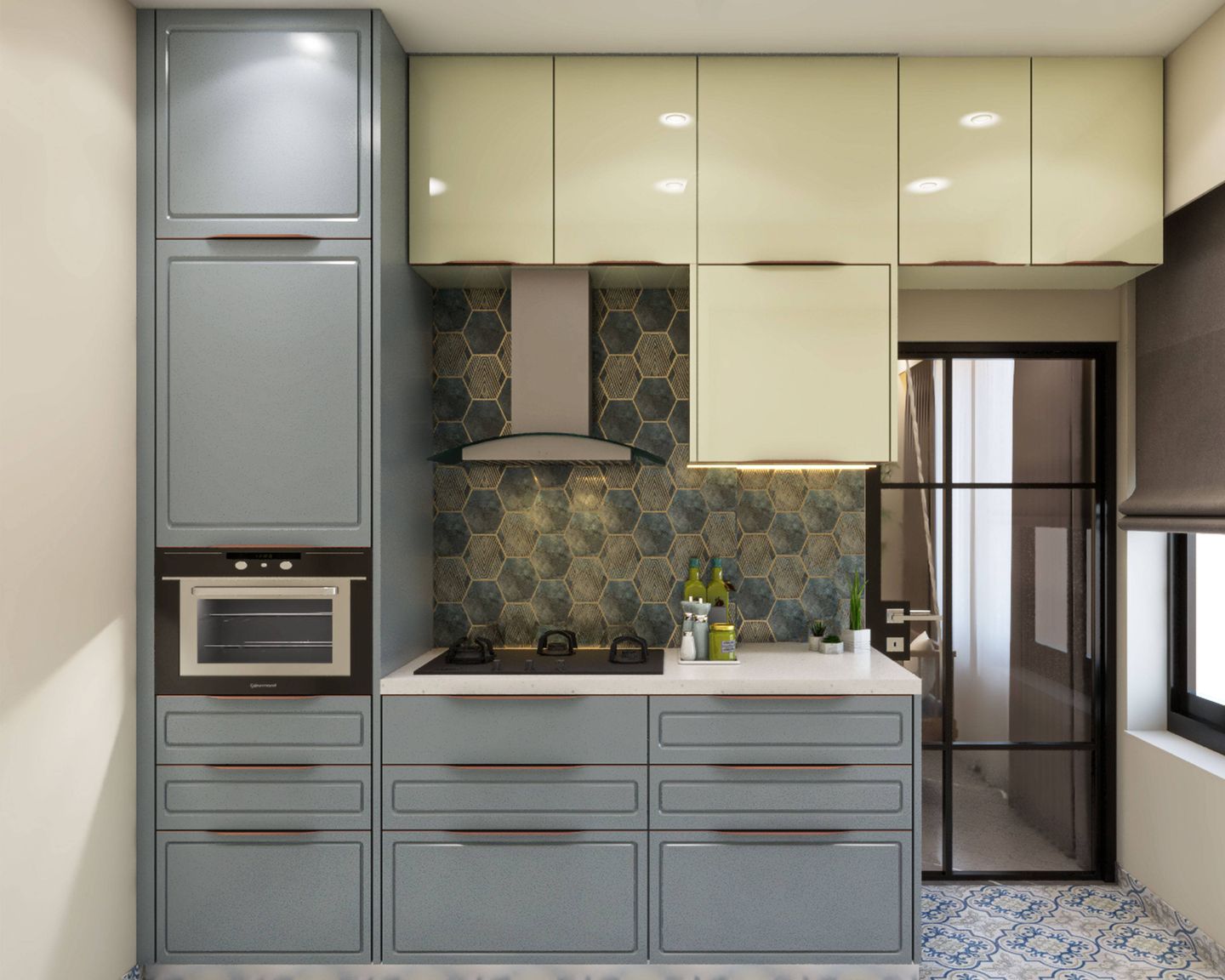 Parallel Kitchen Design with Silver Frost Storage Units And Cream-Coloured Loft Storage - Livspace
