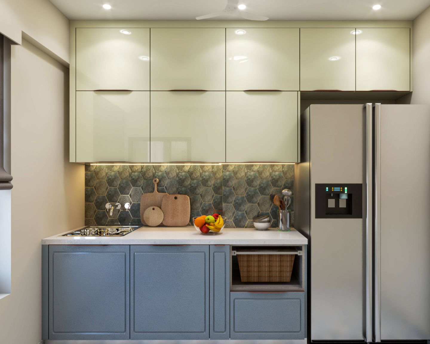 Modern Parallel Kitchen Design With Hexagonal Dado Tiles