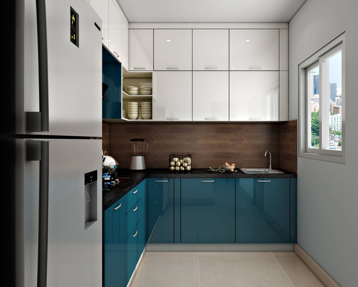 Modern L-Shaped Kitchen Design In Pastel Blue And White