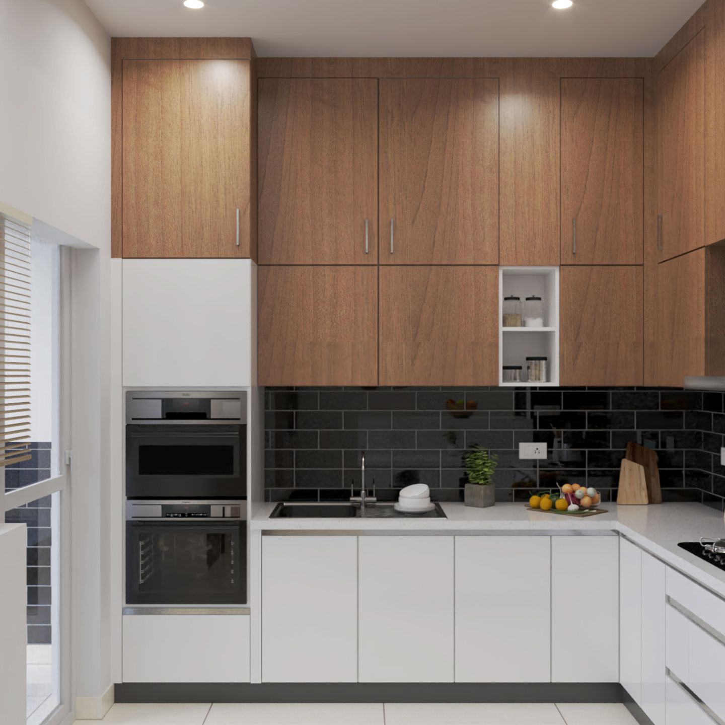 Modern U-Shaped Kitchen Design With Black Brick-Patterned Backsplash Tiles