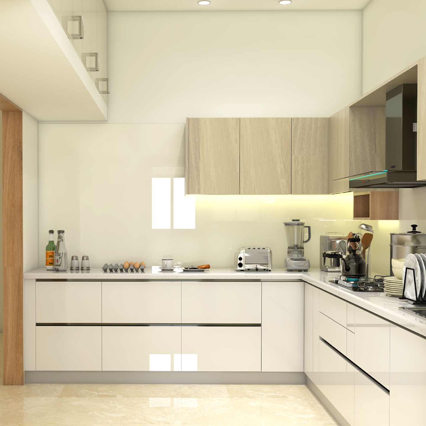 Modern L-Shaped Kitchen Design With White Backsplash