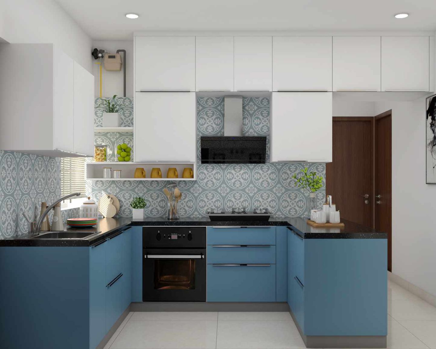 U-Shaped Kitchen Design With Blue Base Units And White Loft Storage - Livspace