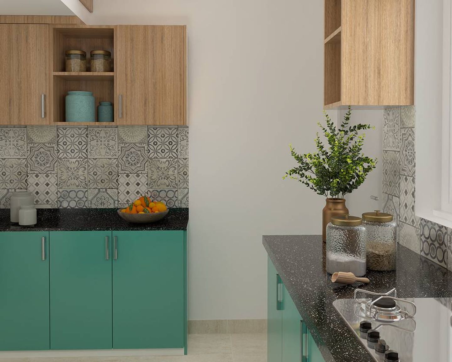 Modern U-Shaped Modular Kitchen Design With Grey Patterned Dado