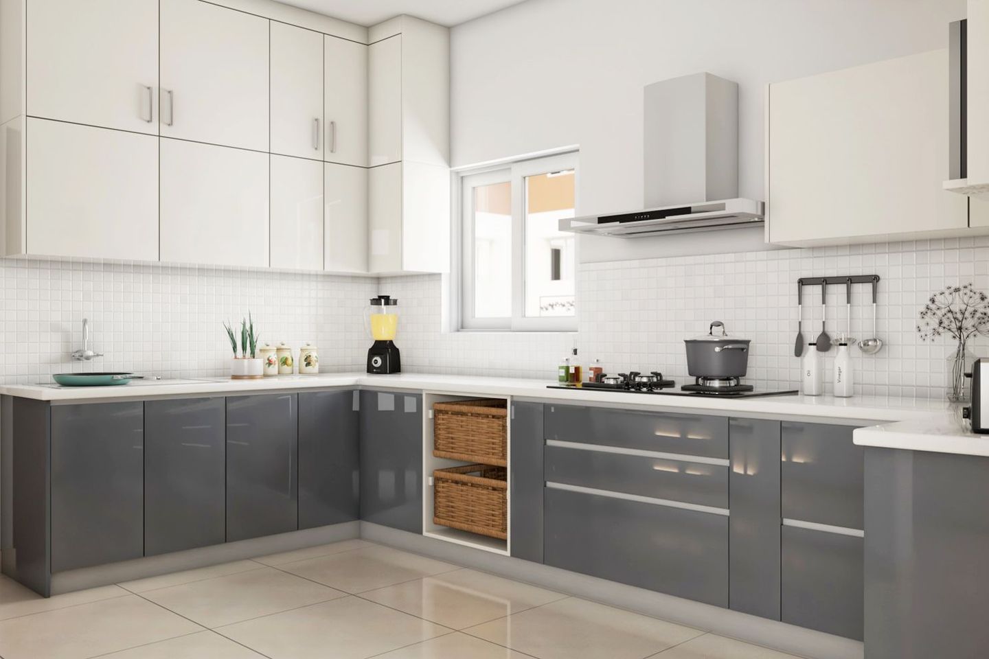 Grey And White Kitchen - Livspace