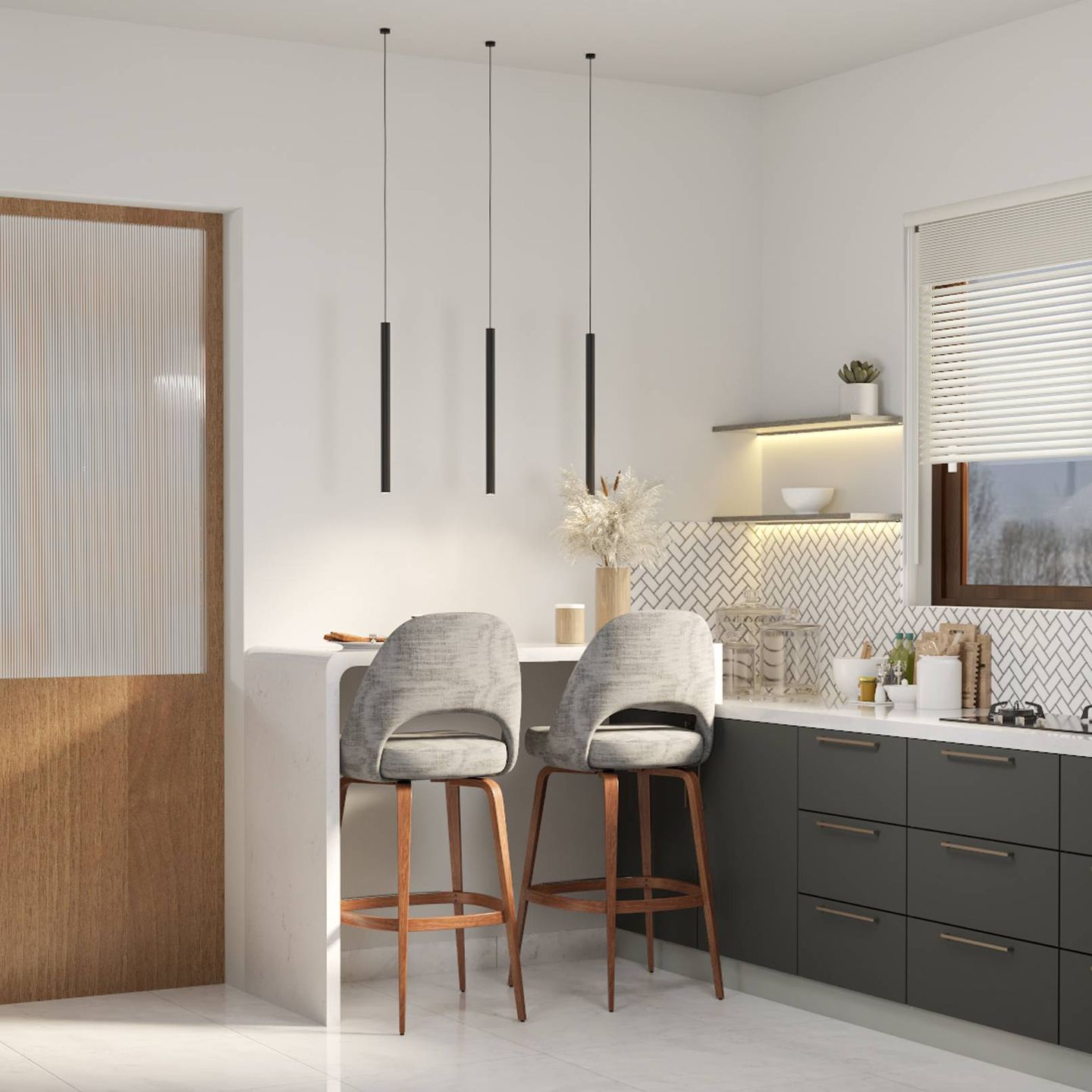 Modern Open Kitchen Design With A 2-Seater Breakfast Counter