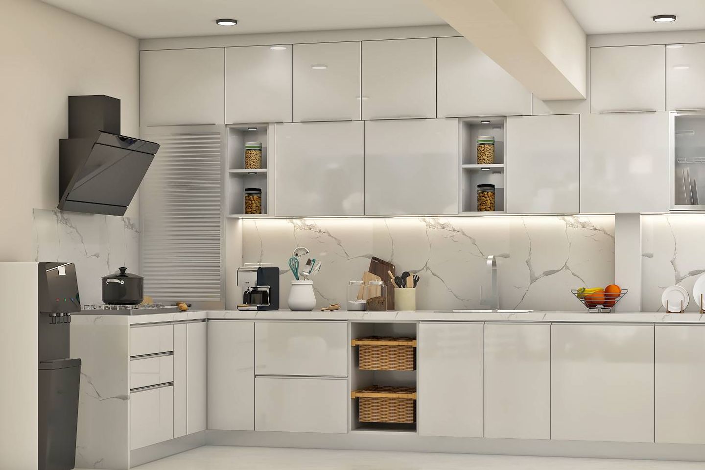 All-White L-Shaped Kitchen Design - Livspace