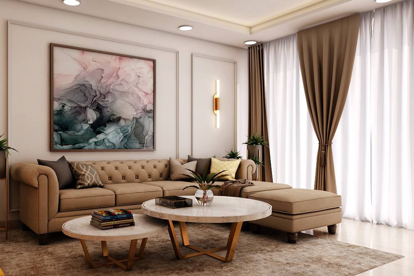 Modern Living Room Design With An L-Shaped Sofa With Cream Upholstery