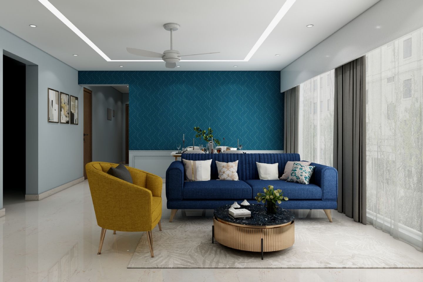 Living Room Design With A 2-Seater Blue Sofa - Livspace