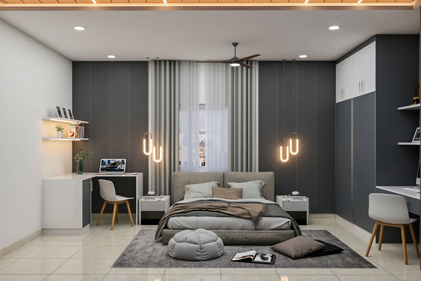 Compact Master Bedroom Design With Grey Wardrobe - Livspace