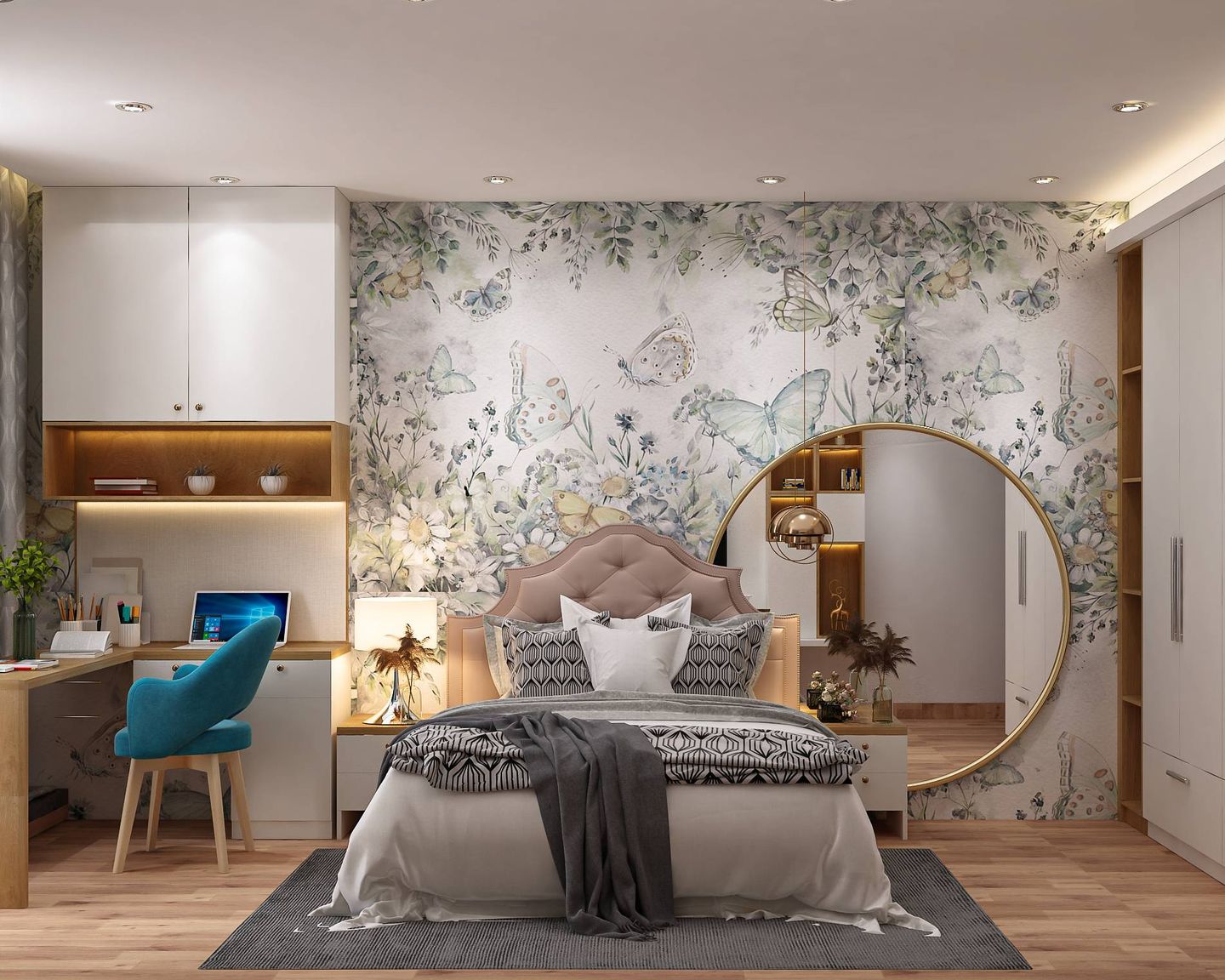 Master Bedroom Design With Vintage Floral Wallpaper - Livspace