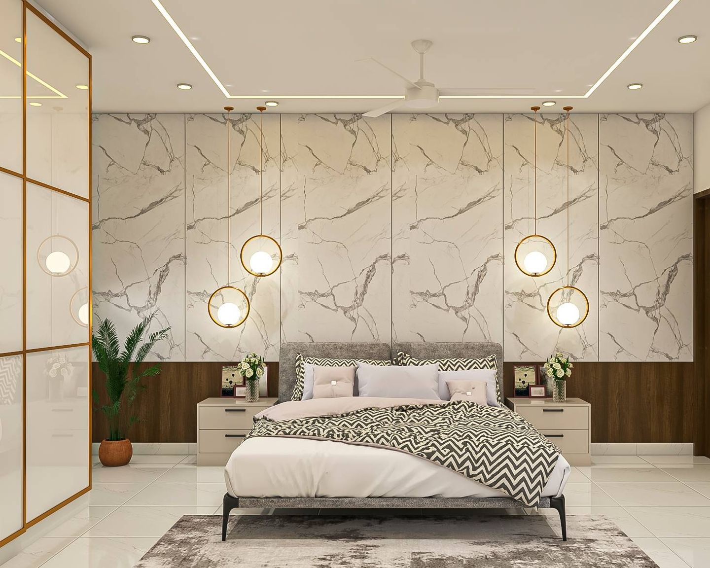 Bedroom Design With Marble And Wooden Wall - Livspace