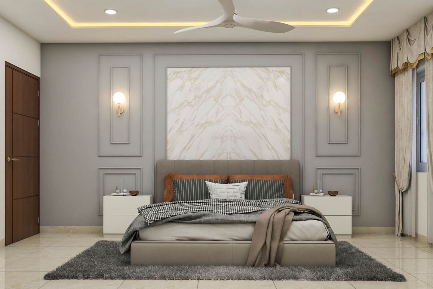 Spacious Bedroom Design With Wall-Mounted Lamps And Marble Panellng ...