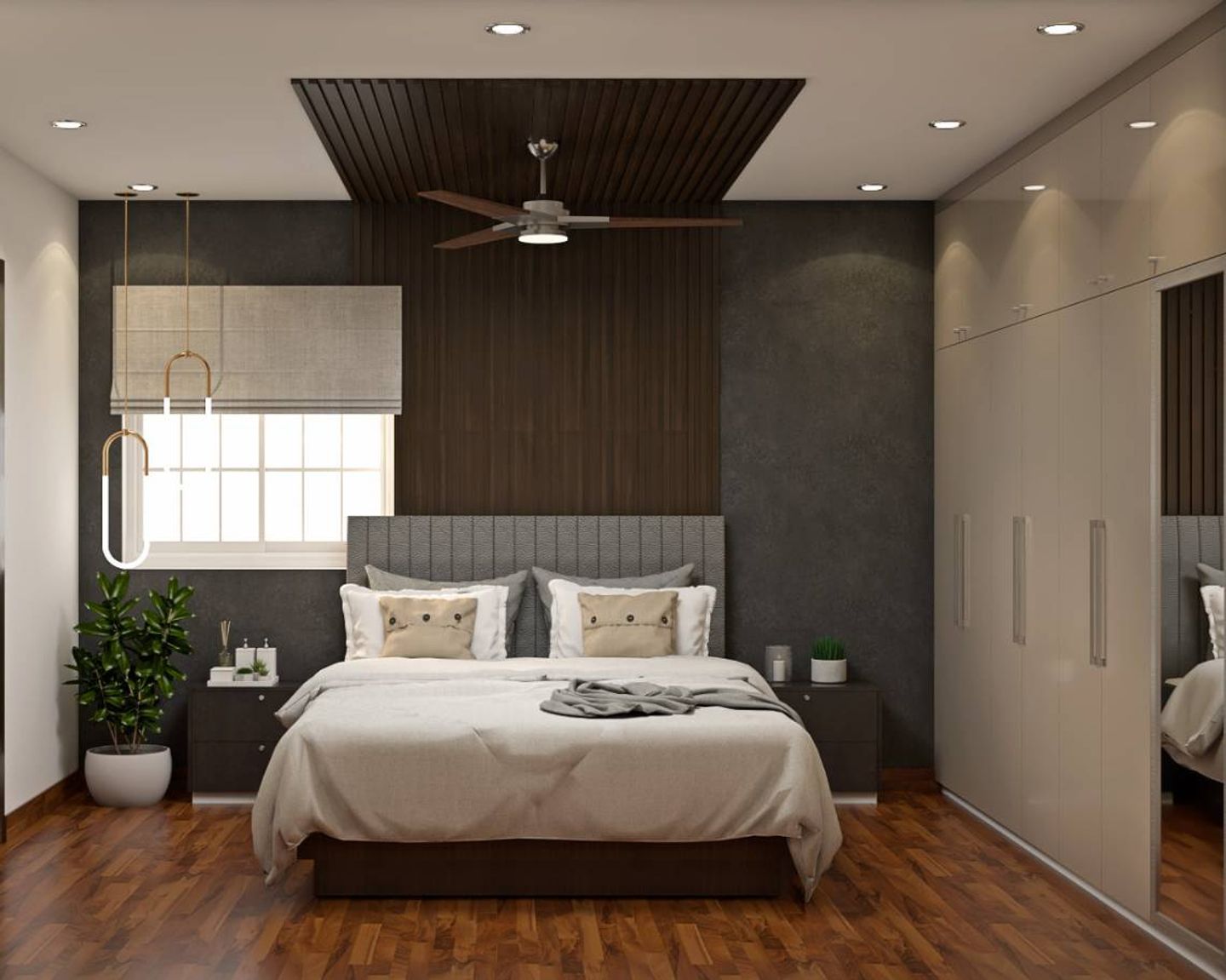 Guest Bedroom With Grey Wallpaper - Livspace