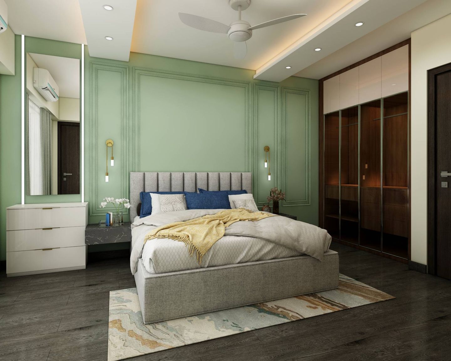 Master Bedroom Design With Mint-Green Wall And Open Wardrobe Storage - Livspace
