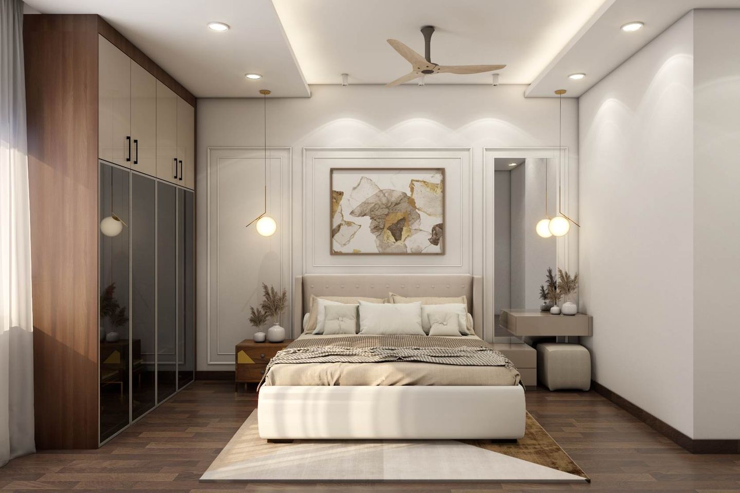 Spacious Bedroom Design With A FloorToCeiling Wardrobe And Dressing
