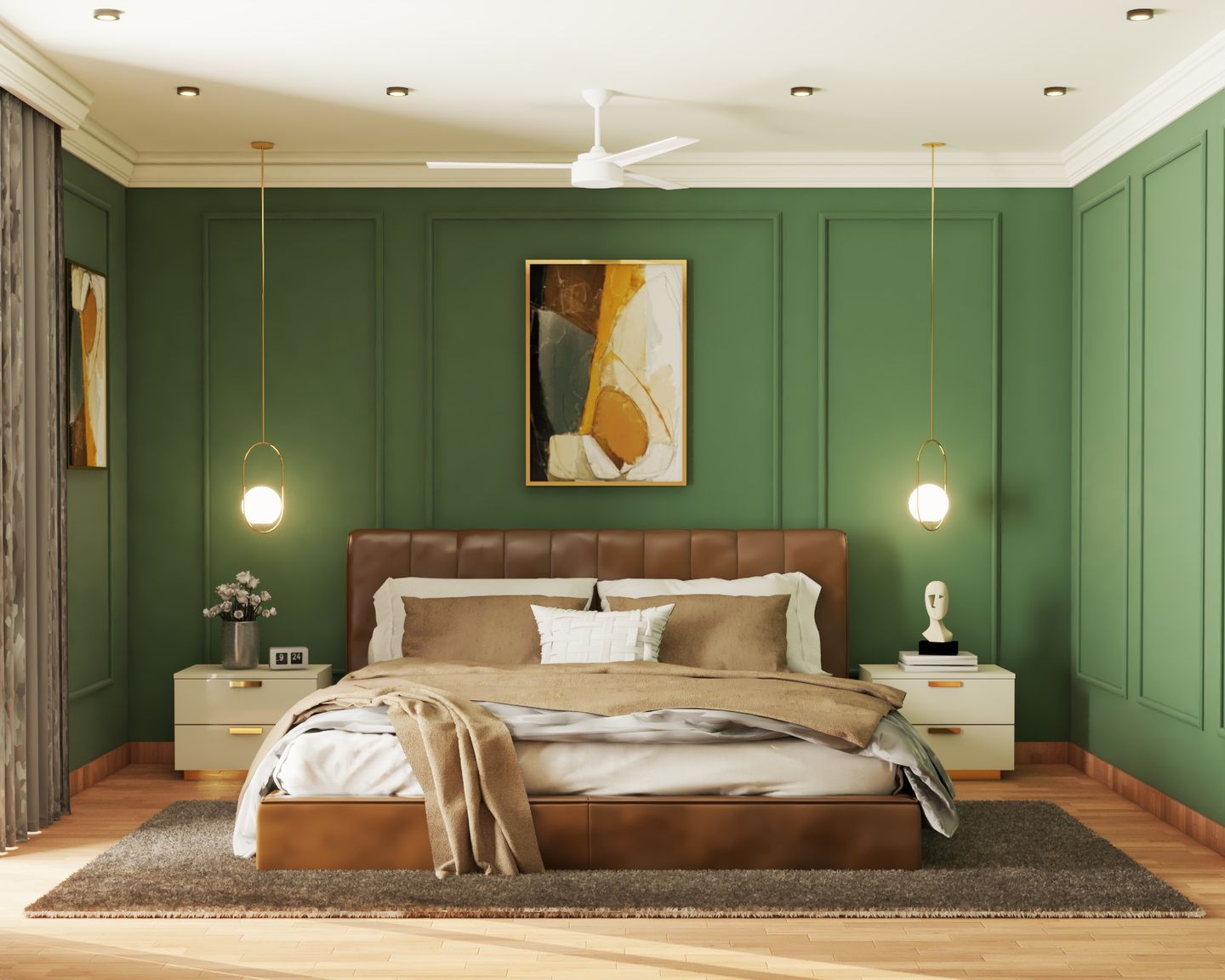 Spacious Bedroom Design With Dark Green Walls And Warm Pendant Lights ...