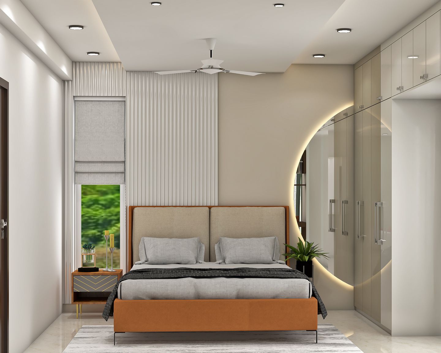 Beautiful guest bedroom design with central drop gypsum false ceiling. The room has a dual-tone solid finish wardrobe with chrome handles.