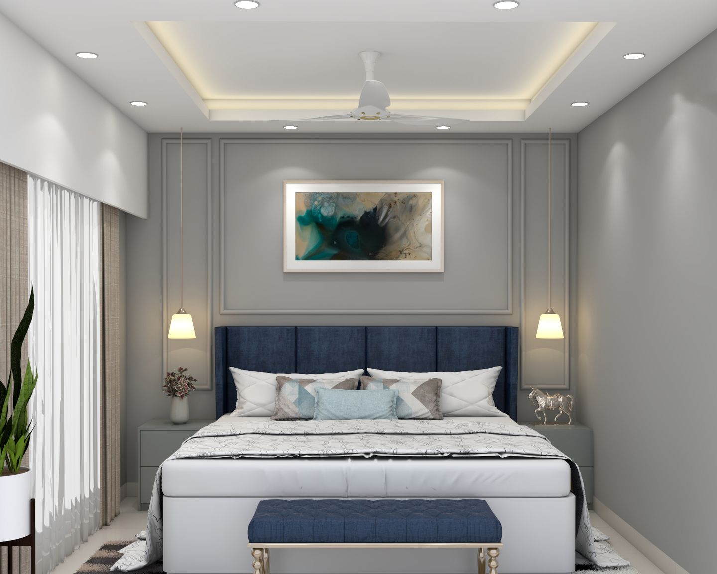 Lovely Guest Bedroom Design With Pendants and Stip Lightnings - Livspace