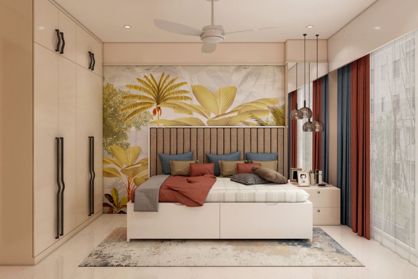 Master Bedroom Design With Tropical Wallpaper - Livspace