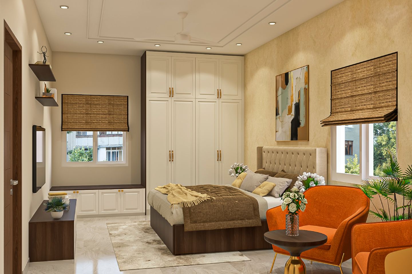 Spacious Master Bedroom Design With Orange Accent Chairs - Livspace