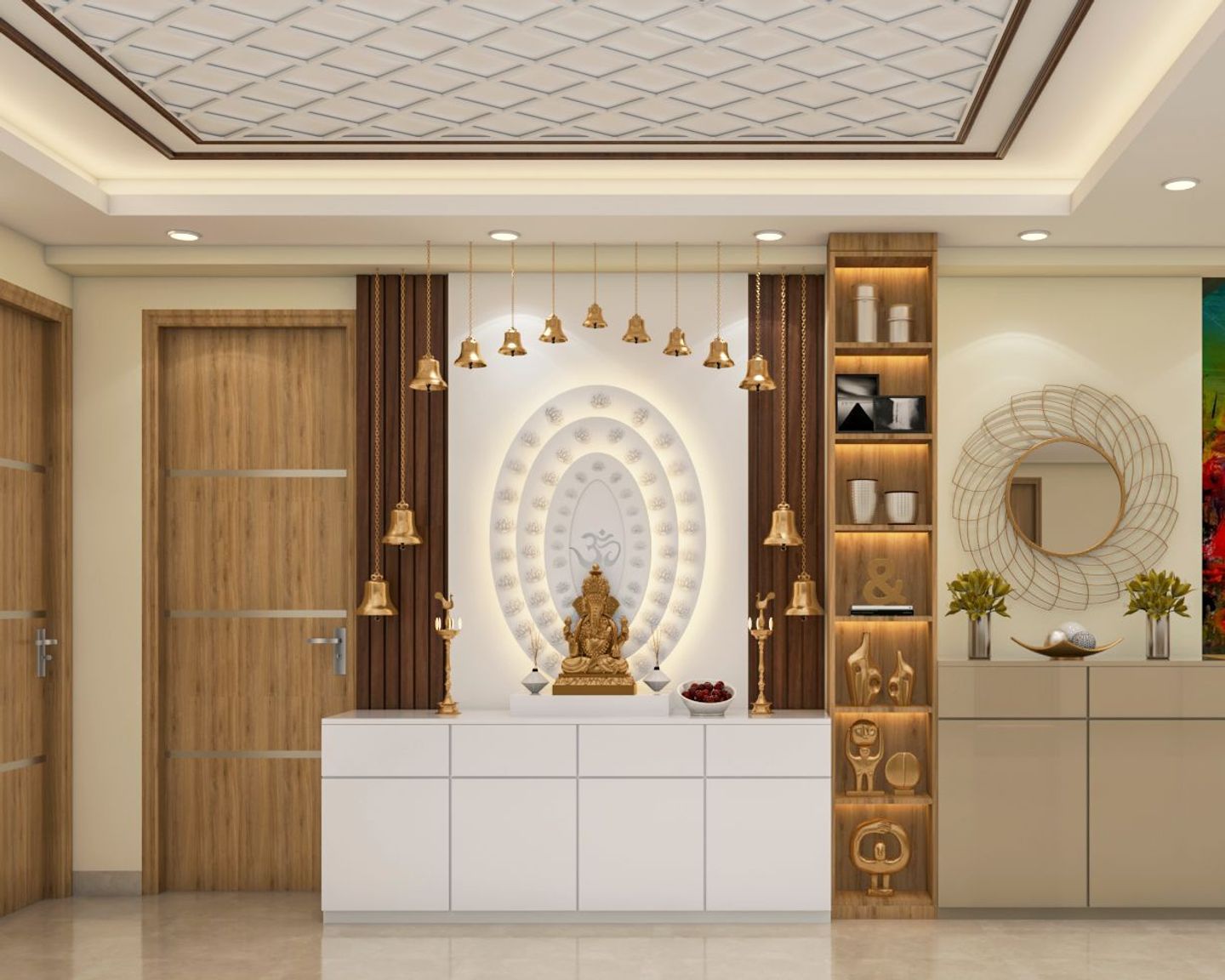 Spacious Pooja Room Design With Lights And Bells - Livspace