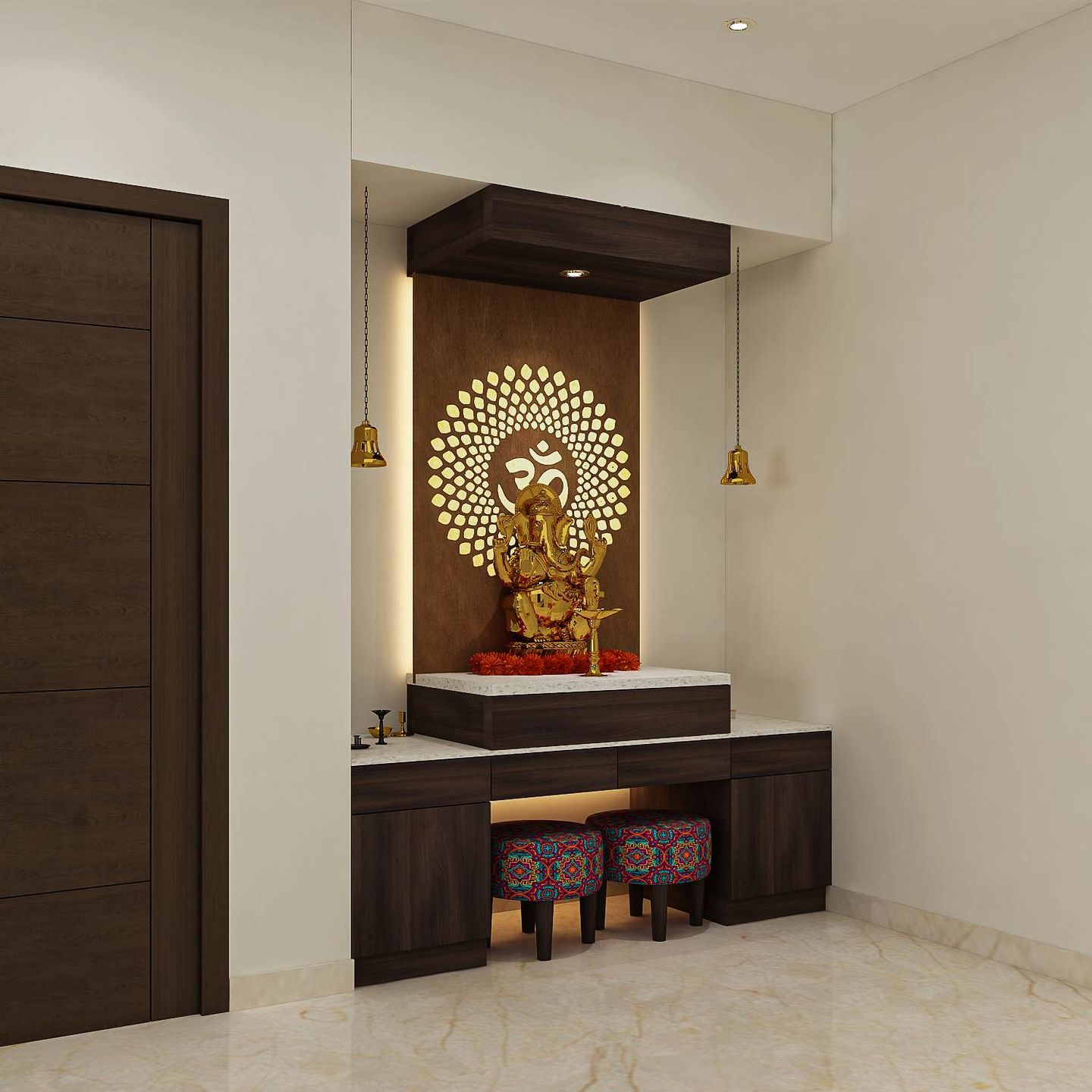 Pooja Unit With Wooden Panel - Livspace