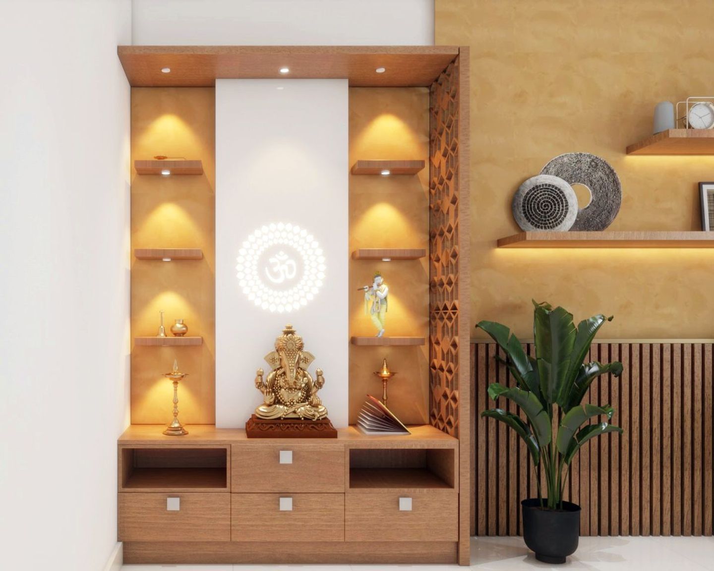 Modern Mandir Design With Wooden Laminate And Storage | Livspace