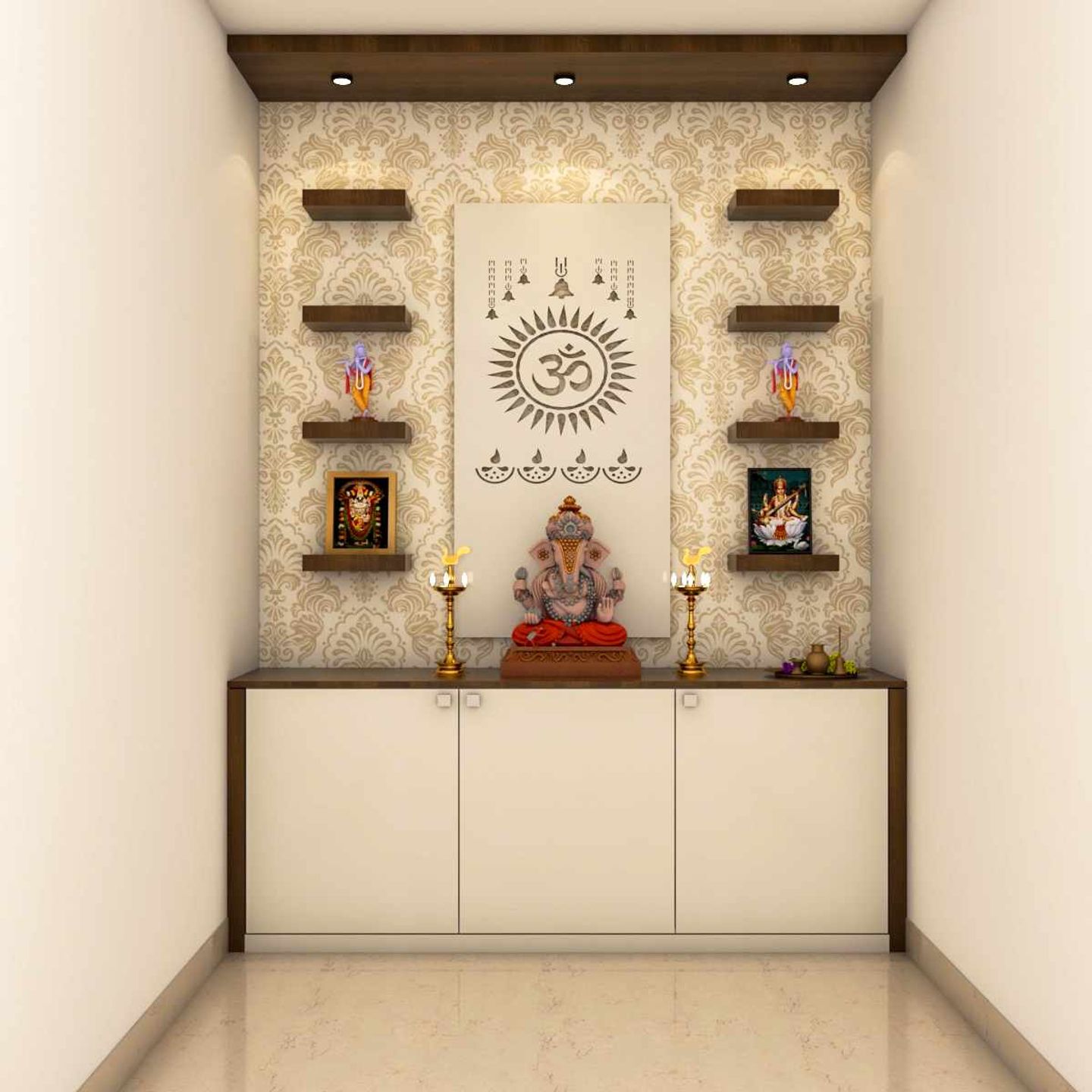 Modern Pooja Room Design With Open Wooden Racks and Large Storage ...